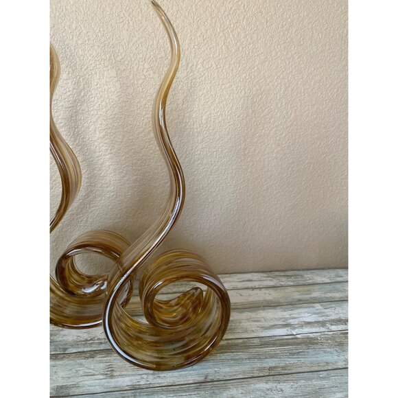 HQT Handcrafted Amber Swirl Art Glass Sculptures 12" – Set of 2 Murano Style Fla - Picture 6 of 13